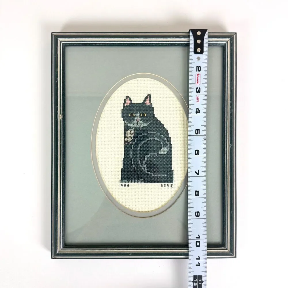 Vintage 1988 Cat Cross Stitch Wall Art / Handmade Framed Kitty Mouse Needlework